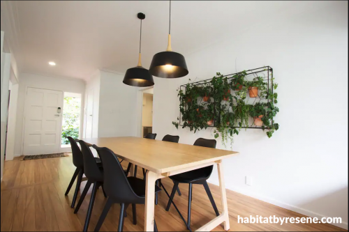 dining room, white dining room, black and white dining, wall plants, indoor plants, black white