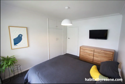 master bedroom, white bedroom, neutral bedroom, resene black white, bird print, bedroom