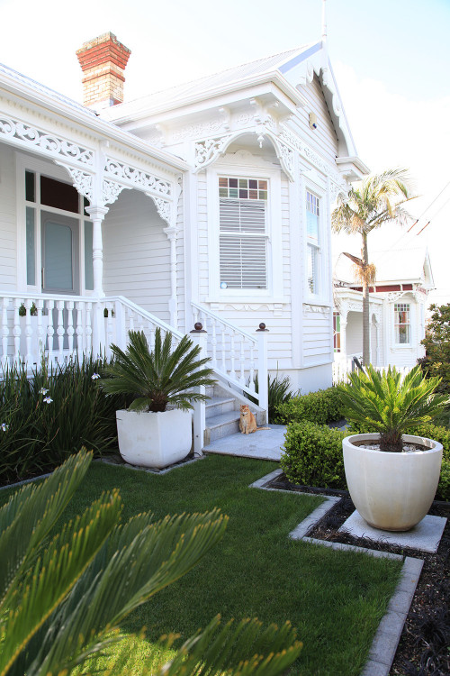 house exterior, villa exterior, painted weatherboards, white exterior, Resene Sea Fog