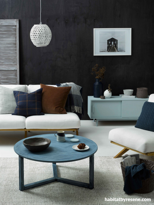 black feature wall ideas, living room ideas, living room inspiration, interior stain ideas, resene