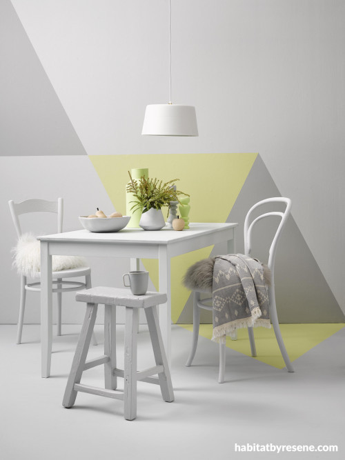 dining room, geometric feature wall, triangle painted wall, feature wall, grey and white