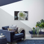 lounge, living room, blue lounge, geometric feature wall, triangle feature wall, sitting room