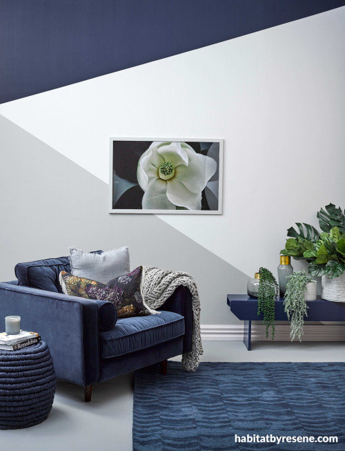 lounge, living room, blue lounge, geometric feature wall, triangle feature wall, sitting room