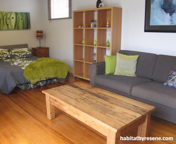 sleepout, green, grey, white, grey sleepout, retro house, 1970s house