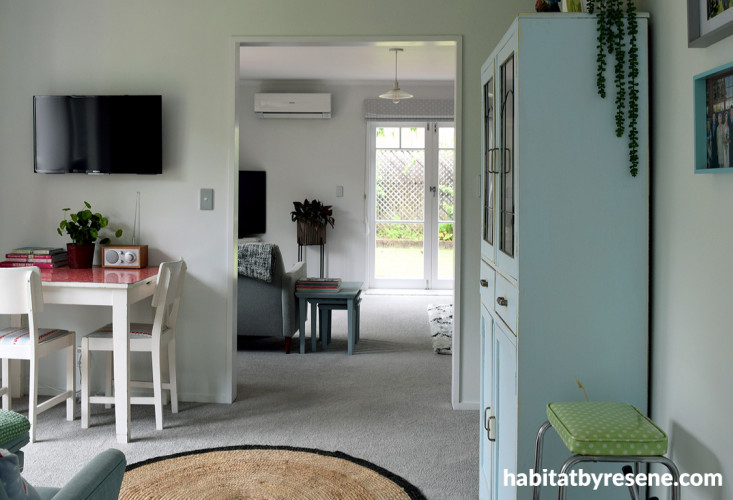 leadlight cabinet, blue cabinet, living room, lounge, blue side tables, grey living room