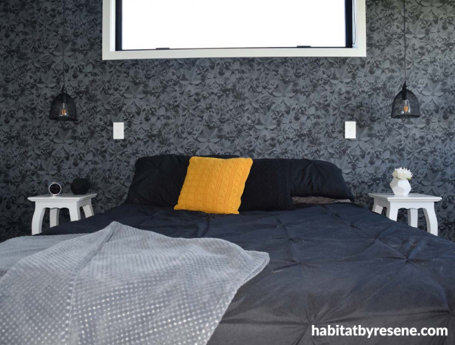 bedroom, guest bedroom, wallpaper feature wall, floral wallpaper, black bedroom, monochromatic 