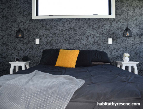 bedroom, guest bedroom, wallpaper feature wall, floral wallpaper, black bedroom, monochromatic