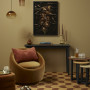 Nesting tables, light fittings, round chair, patterned floor, candles, Resene