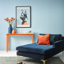 Lounge, Chair, Blue walls, Velvet furniture, Orange decor, Resene