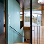 stairwell, blue paint, interior, dining room, indoor-outdoor flow, deck, painted ceiling