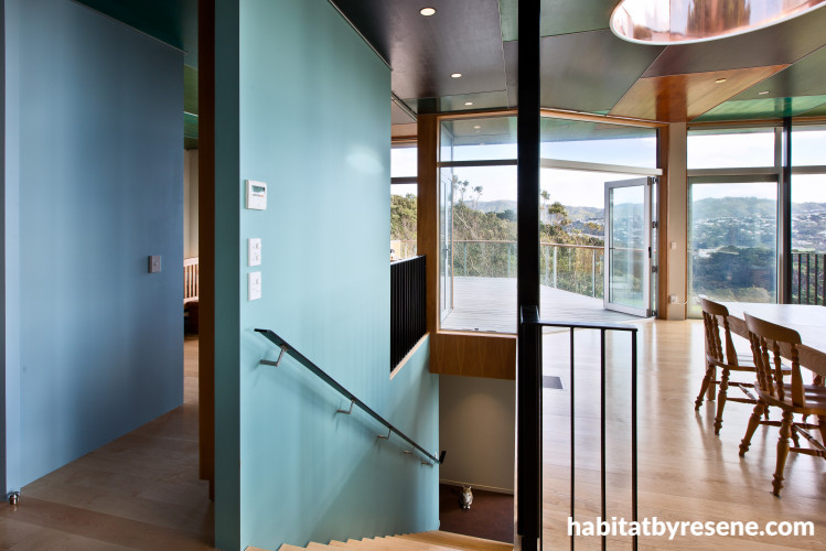 stairwell, blue paint, interior, dining room, indoor-outdoor flow, deck, painted ceiling