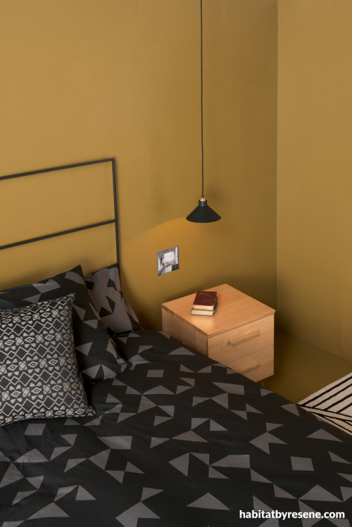 bedroom, yellow bedroom, gold bedroom, citta design, black and yellow, mustard bedroom