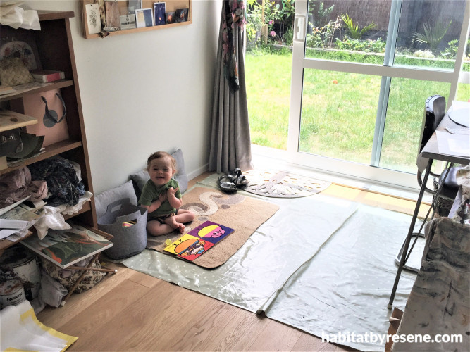 art studio. home studio, artist home studio, white studio, home work space, resene rice cake