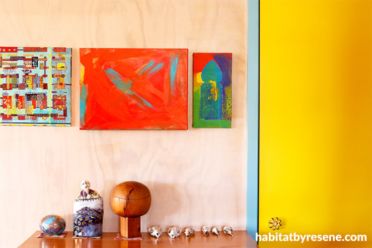 aqua paint, yellow paint, whitewash, plywood, tiny house, small spaces, bach decorating ideas