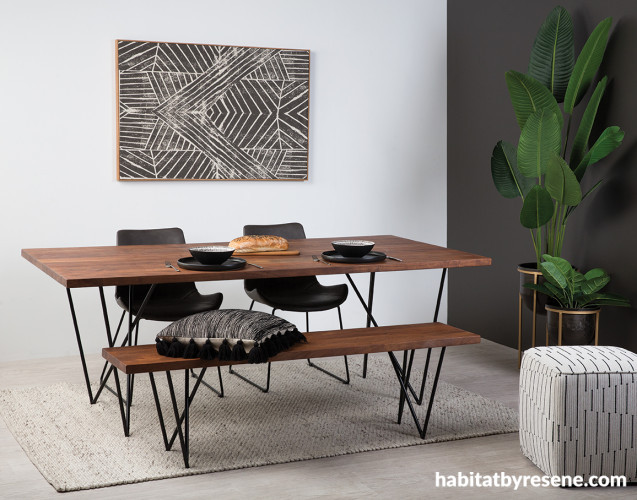 dining room, black feature wall, black and white dining room, resene ironsand, resene merino