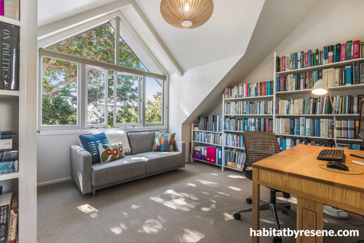 home office, home study, home library, wall bookcase, white home office, built in bookcase