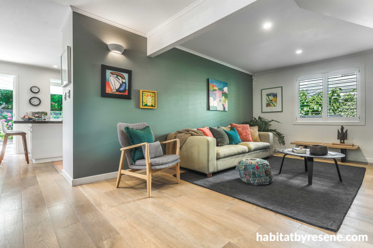 lounge, living room, green lounge, green living room, green feature wall, resene smoky green