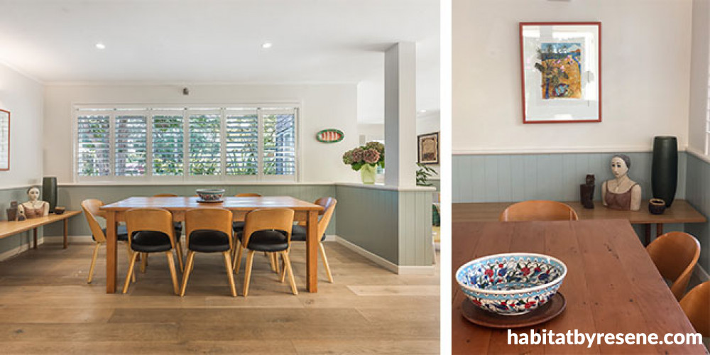 dining room, blue dining room, white dining room, tongue in groove paneling, blue feature