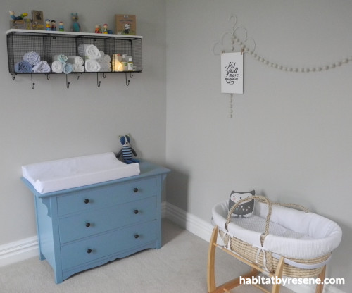 nursery, neutrals, neutral nursery, blue drawers, grey nursery, nursery storage
