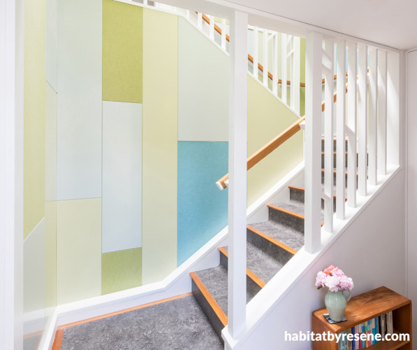 1960's house, stairwell, painted staircase, painted wall panels, retro house ideas