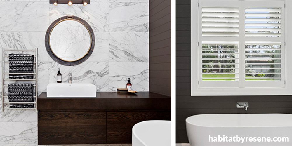 bathroom, marble tiles, tongue and groove wall, brown bathroom, brown feature wall