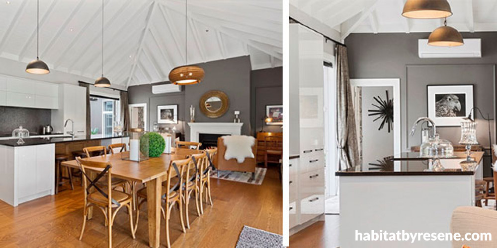 kitchen, white kitchen, dining room, brown kitchen, brown feature wall, timber flooring