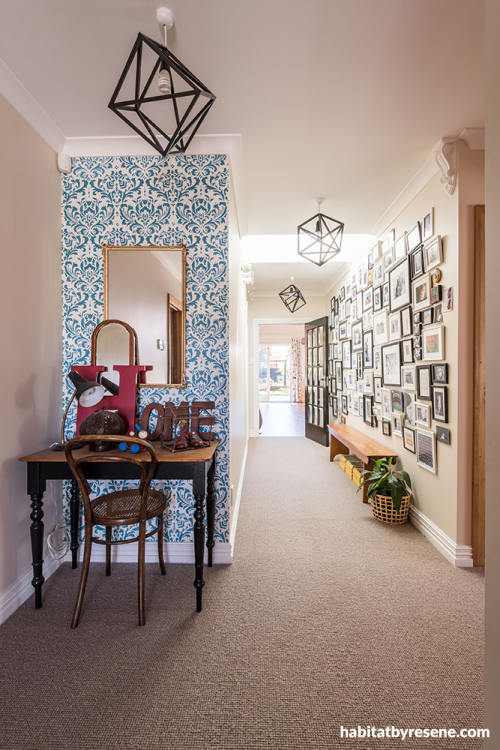 entrance, hallway, hall, blue, stencil, damask pattern