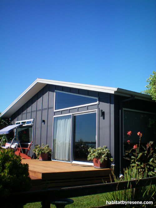beach house, bach, blue house, house exterior, blue exterior, holiday home