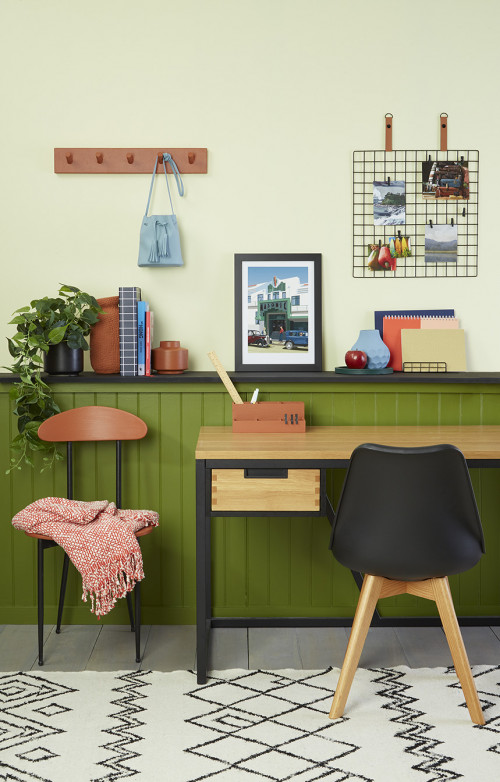 tonal office, tonal desk space, green office, green desk inspiration, calming desk space, Resene