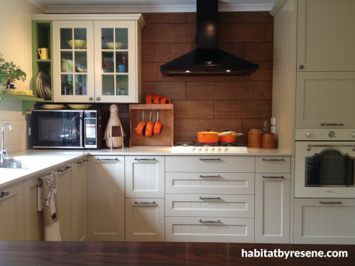 kitchen, neutrals, white kitchen, white cabinets, wood feature, vintage kitchen