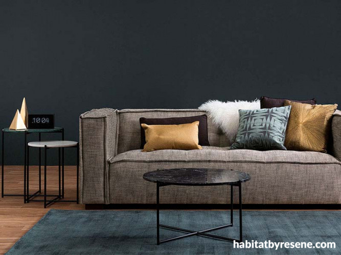 living room, lounge, nood furniture, dark grey paint, feature wall, grey couch