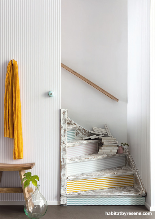 striped wallpaper, unique wallpaper ideas, wallpaper stairs, wallpapered stairs, striped staircase