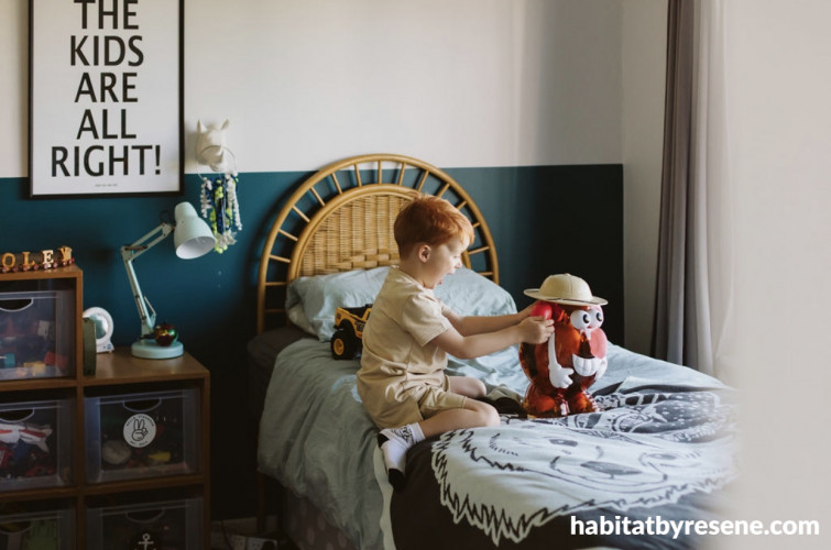 bedroom, kids bedroom, childrens bedroom, teal bedroom, teal feature wall, resene teal blue