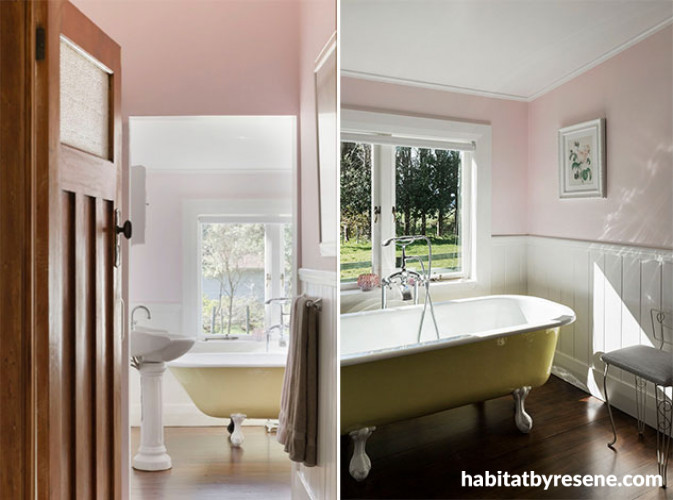 yellow bath tub, pink bathroom, heritage bathroom, pink bathroom inspiration, Resene