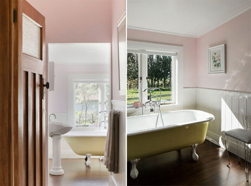yellow bath tub, pink bathroom, heritage bathroom, pink bathroom inspiration, Resene