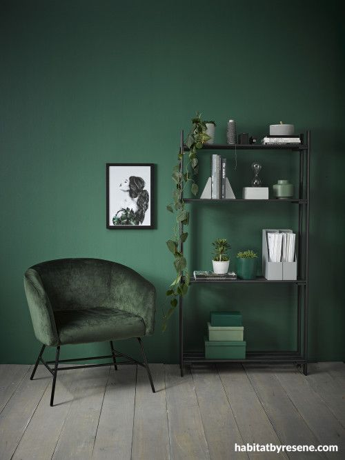 home office, study, green home office, green study, green feature wall, resene mother nature