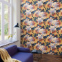 purple sofa, purple couch, floral wallpaper, yellow wallpaper, white windows, Resene