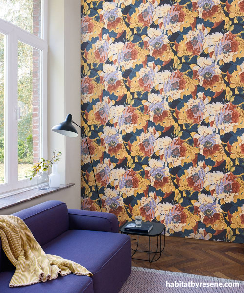 purple sofa, purple couch, floral wallpaper, yellow wallpaper, white windows, Resene 