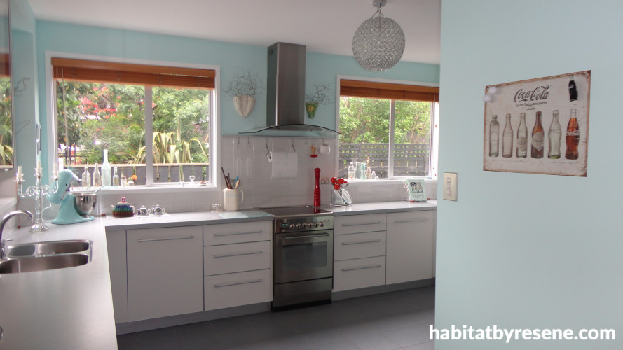 kitchen, retro kitchen, blue kitchen, aqua kitchen, mint paint, aqua paint
