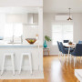 white kitchen, white dining room, white paint, timber floorboards, Resene Sea Fog 