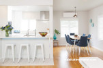 white kitchen, white dining room, white paint, timber floorboards, Resene Sea Fog 