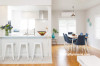 white kitchen, white dining room, white paint, timber floorboards, Resene Sea Fog 