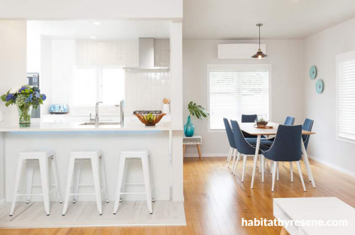 white kitchen, white dining room, white paint, timber floorboards, Resene Sea Fog