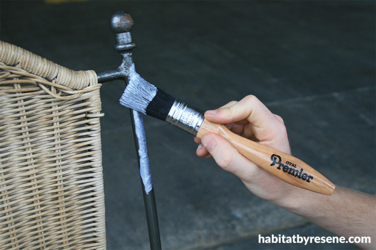 wicker chair makeover, diy project, silver paint, metallic paint, painting metal