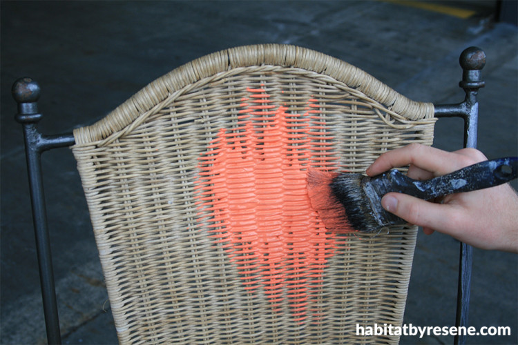 wicker chair makeover, diy, orange chair, orange paint, Resene Flamingo