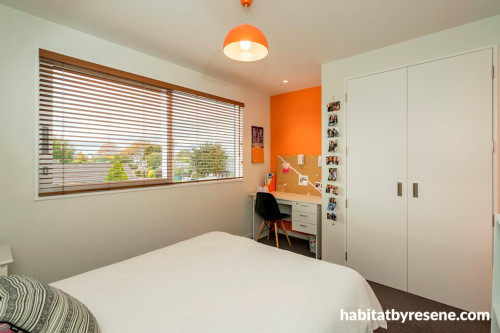 kids bedroom inspiration, kids bedroom ideas, study nook ideas, home office design, orange feature