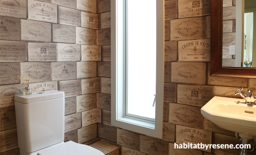 bathroom, wallpaper, wine boxes wallpaper, brown wallpaper, neutrals, patterned wallpaper