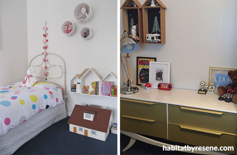 kids bedroom, childrens bedroom, gold drawers, gold dresser, white bedroom, resene akaroa