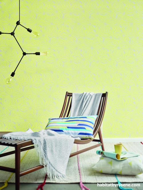 deck chair, summer inspired, yellow wallpaper, yellow interior, beach inspired