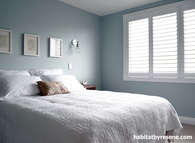 blue bedroom, resene half opal, resene, renovation